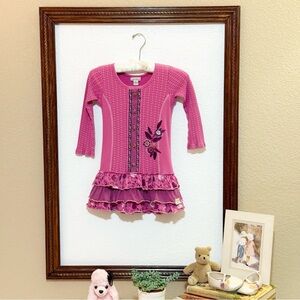 Naartjie 2013 LS Pink Waffle Knit Dress w Floral Embroidery Ruffled Hem Size 5
